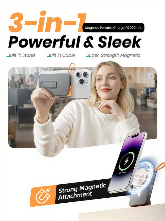 Btootos Magnetic Wireless Power Bank, 22.5W PD Fast Charging 10000mAh Battery Bank, Built-in USB-C Cable with Foldable Stand and LED Display, Magnetic Portable Charger for iPhone Series, iPad, Andriod, etc