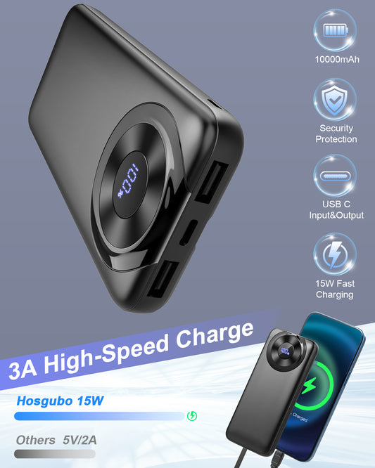MUGO Power Bank 10000mAh, Portable Charger with Built in Cable 5V/3A High-Speed Charging, 4 Output 2 Input LED Display Slim Powerbank for iPhone 16/15/14/13, Galaxy S23/22, Tablet and etc