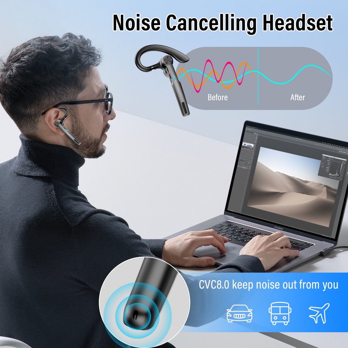 Aptkdoe Bluetooth Headset, Single-Ear Bluetooth Earpiece with ENC Mic with HiFi Stereo Sound, 72 Hours Talking Time Wireless Headset V5.3 with 400mAh Charging Case for iOS Android Cell Phones, Black