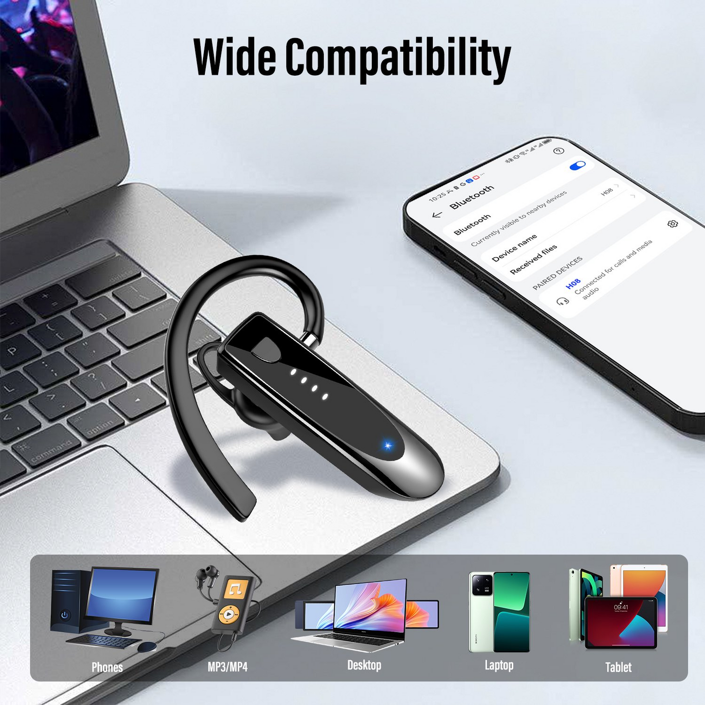 Aptkdoe Bluetooth Headset V5.4, Single-Ear Wireless Earpiece with ENC Noise Canceling Mic, 20Hrs Call Time Handsfree Earpiece, 180 Hrs Standby Time Headphones for iOS Android /Office/Drivin