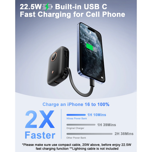 MUGO Portable Charger, 22.5W 10000mAh Small Power Bank with Built-in USB-C Cable, Fast Charging Mini Battery Pack Travel Essentials, for iPhone 16 15 14 13 12 11 Samsung Android etc