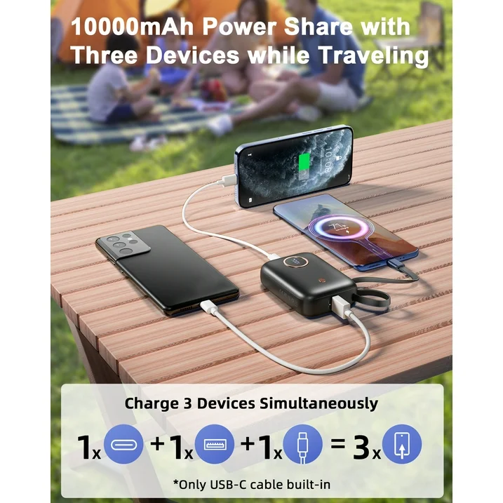 MUGO Portable Charger, 22.5W 10000mAh Small Power Bank with Built-in USB-C Cable, Fast Charging Mini Battery Pack Travel Essentials, for iPhone 16 15 14 13 12 11 Samsung Android etc