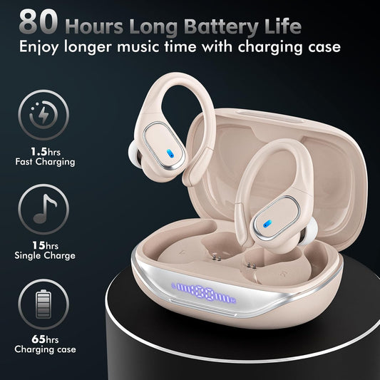 THAZYR Wireless Earbuds Bluetooth 5.3 Headphones with 80H Playback, IPX7 Waterproof Over Ear Buds with LED Power Display for Sports Running Workouts