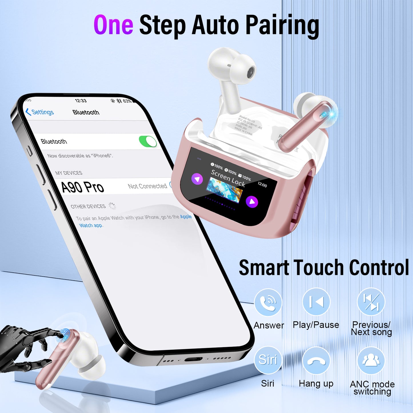 Aptkdoe Touch Screen Wireless Earbuds, Bluetooth 5.4 Ear Buds with Multifunctional with ENC Noise Cancelling MicClear Calls Earphones, 48H Bass Stereo Headphones, IP7 Waterproof Headphones for Workout