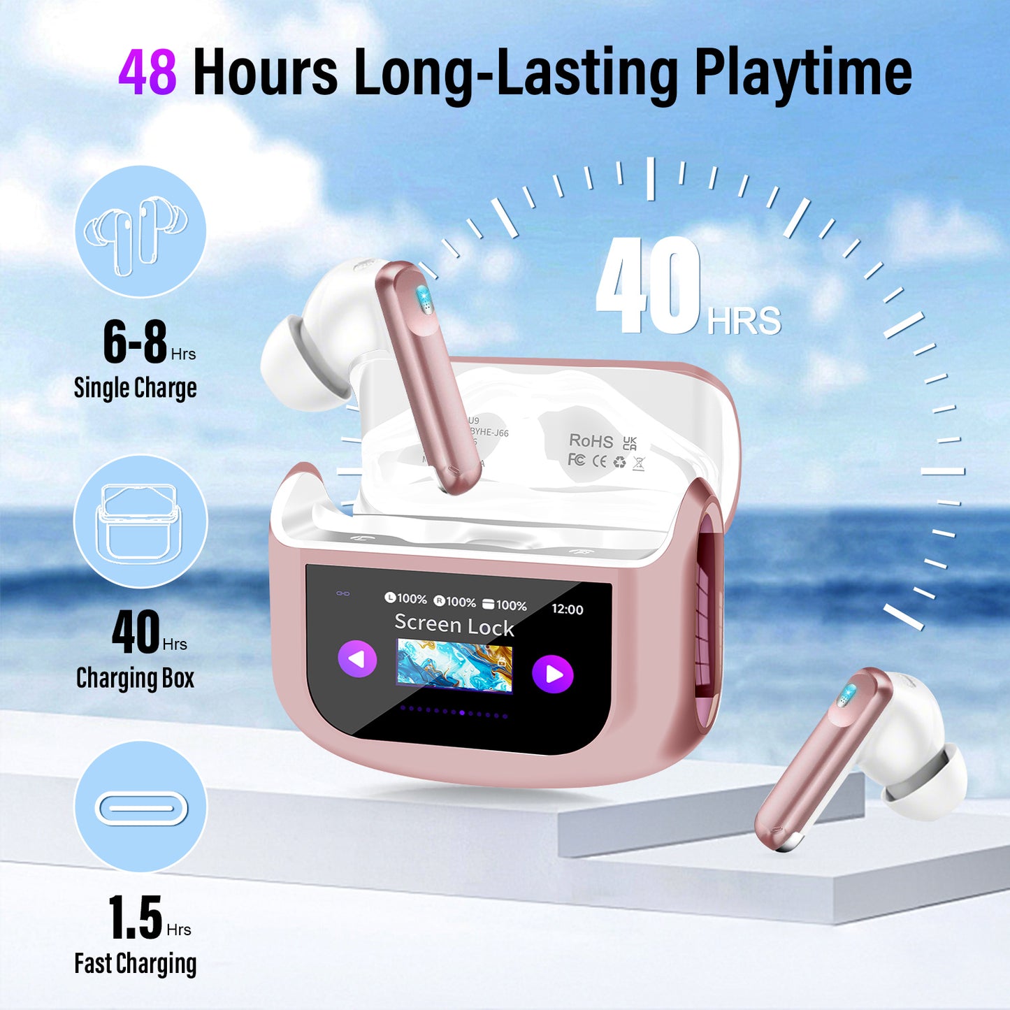 Aptkdoe Touch Screen Wireless Earbuds, Bluetooth 5.4 Ear Buds with Multifunctional with ENC Noise Cancelling MicClear Calls Earphones, 48H Bass Stereo Headphones, IP7 Waterproof Headphones for Workout