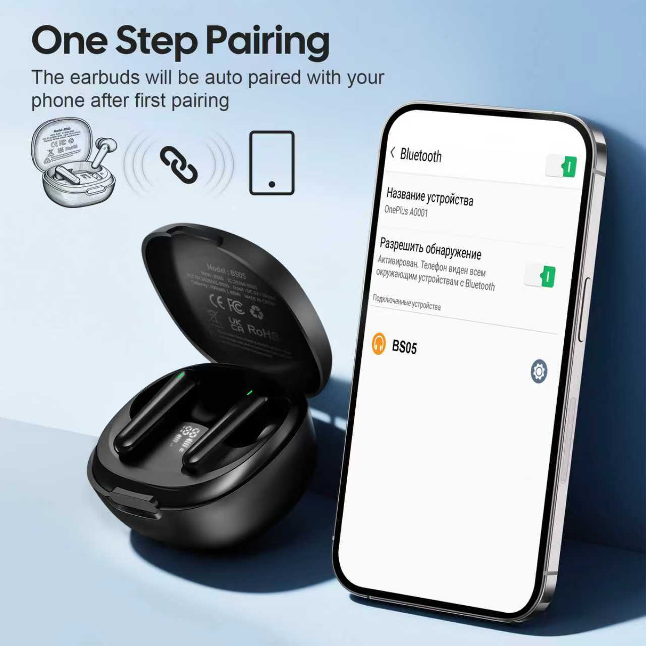 RSPK Wireless Earbuds, Bluetooth 5.4 Headphones HiFi Stereo, Bluetooth Earbuds with ENC Noise Cancelling Mic,48H, IP7 Waterproof Wireless headsets for smartphones, LED Display Ear buds for Workout Sport, Black