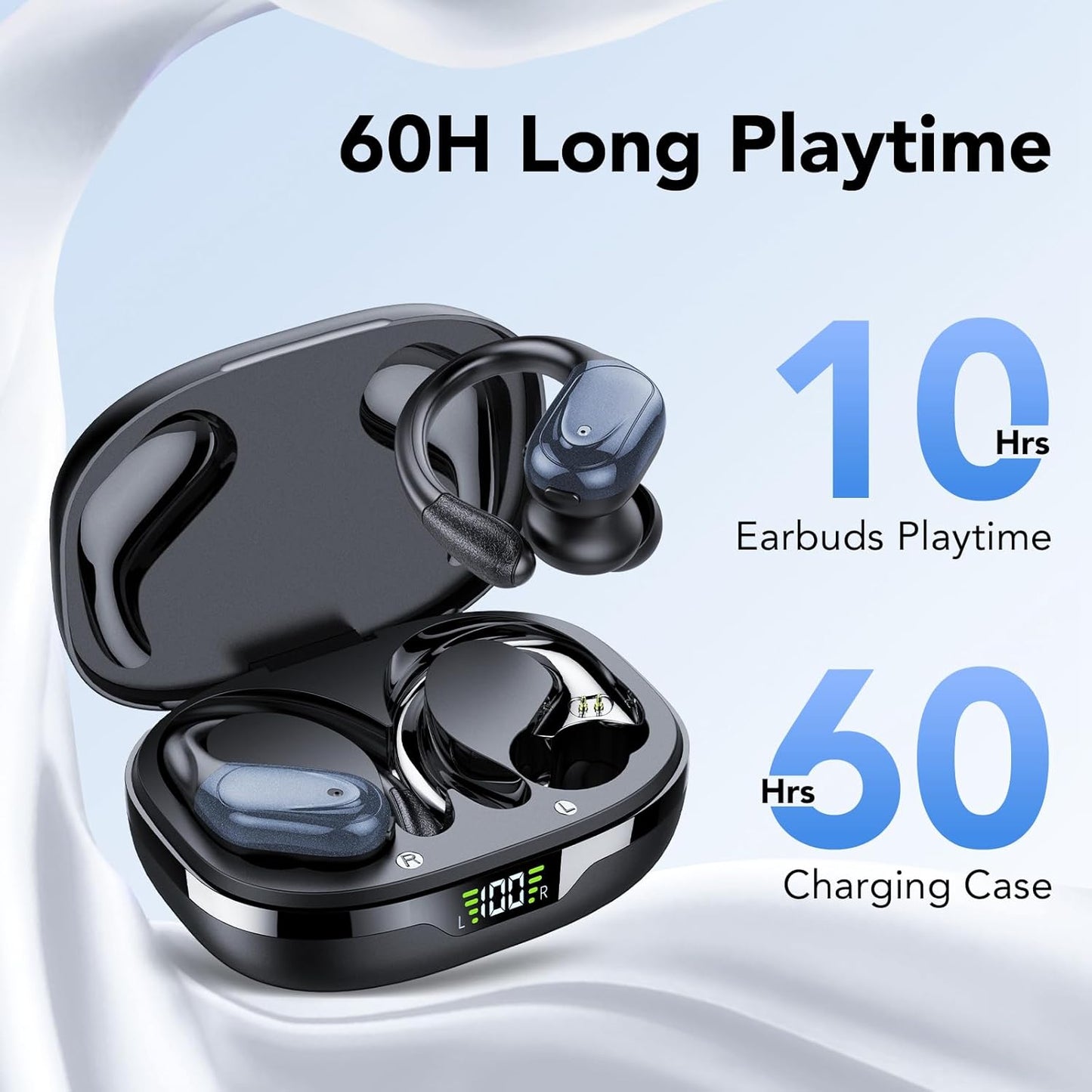 VPRYN Wireless Earbuds Bluetooth 5.3 Headphones 60hrs Playtime with Digital Display Sports Wireless Headphones with Earhook Deep Bass IPX7 Waterproof Over-Ear Earbuds for Android iOS Workout