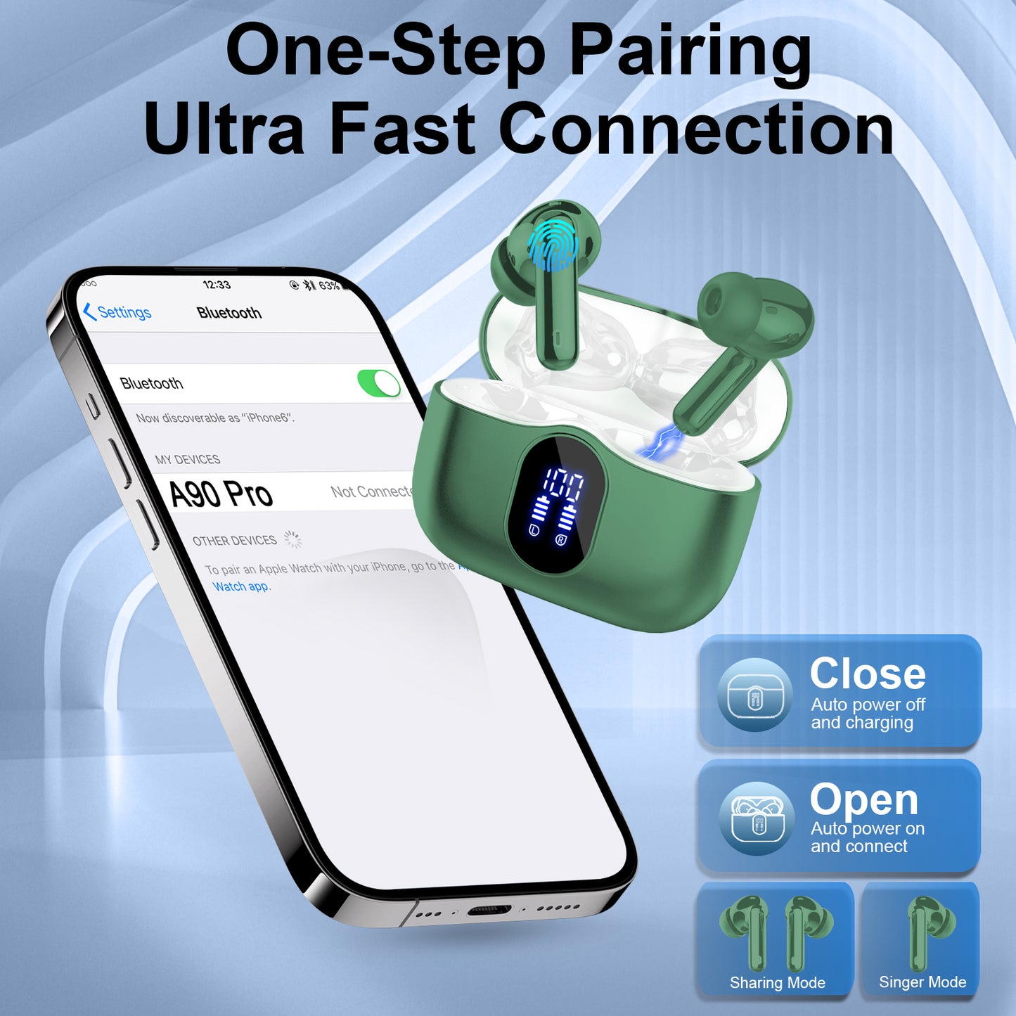 Aptkdoe Wireless Earbuds, Bluetooth 5.4 Headphones Bass Stereo, Ear Buds with Noise Cancelling Mic LED Display, 36H Playtime in Ear Earphones, IP7 Waterproof Sport Headset for Android iOS