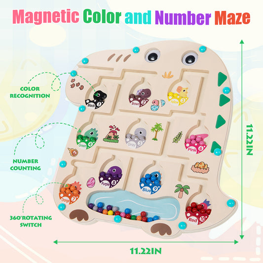 BTOOTOS Dinosaur Magnetic Color and Number Maze, Montessori Fine Motor Skills Toys for Boys Girls 3 4 5 Years Old, Wooden Learning Counting Puzzle Board, Educational Birthday Gifts for Kids