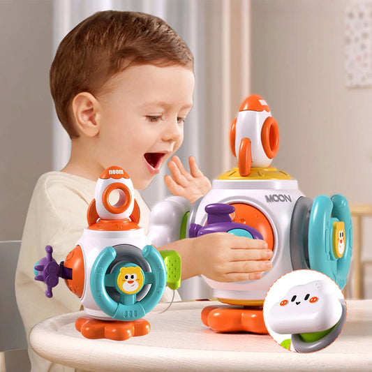 QXQ Montessori Toddler Toys for 1-3, 6 in 1 Travel Activities Busy Board Cube, Baby Sensory Toys for 6-12 18 Months Baby Gifts, One 2 3 Year Old Infant Boys Girls Educational Learning Toys (Rocket)