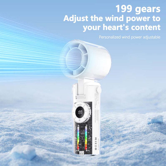 Tesnour Portable Handheld TurboFan, 3 IN 1 Mini Colored Lights Hand Fan with 4000mAh Battery Operated, Upto 10 Working Hours, 5 Gear Wind, Rechargeable with Air Turbo Tech Cooling Fan for Travel/Outdoor/Home