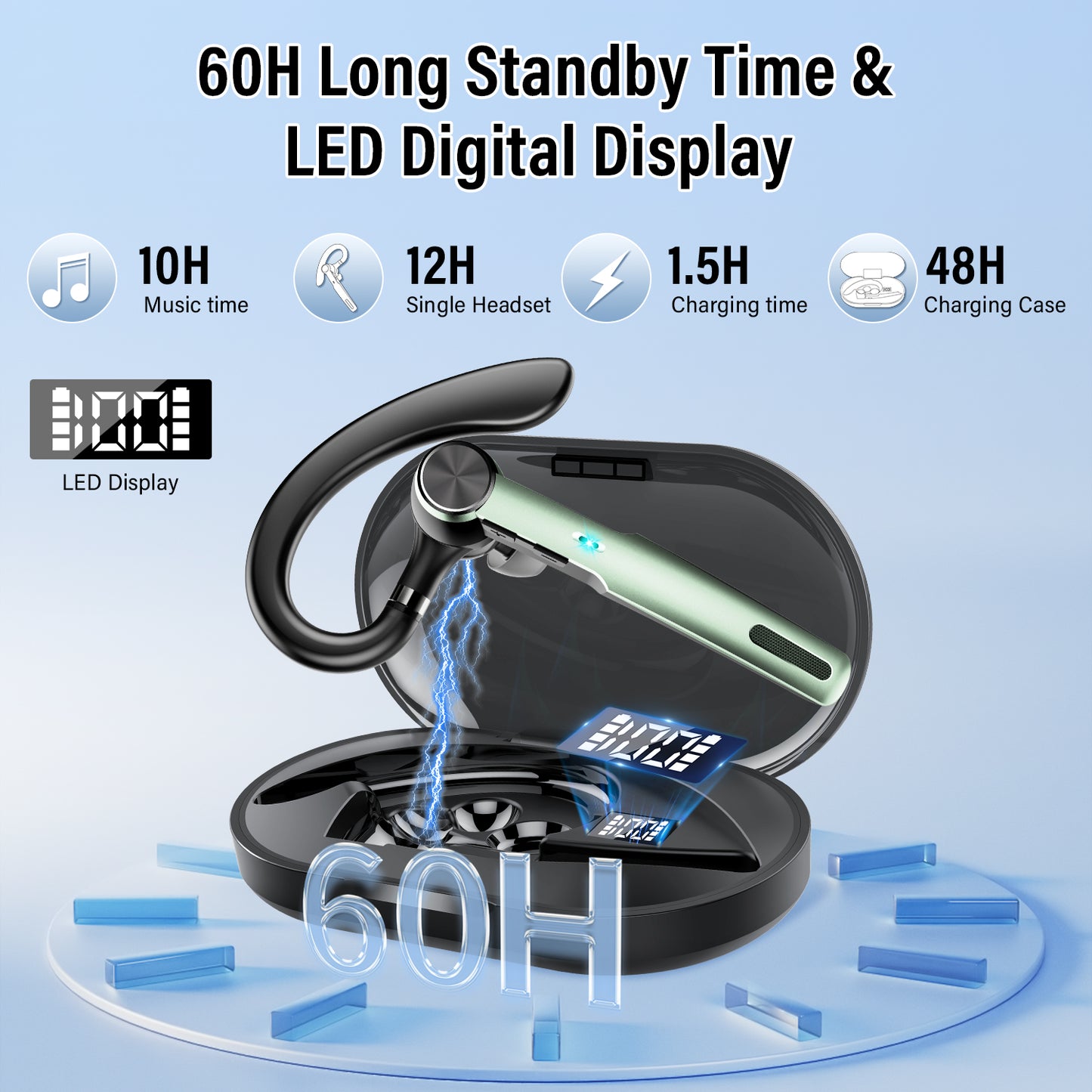 Aptkdoe Bluetooth Headset, Single-Ear Bluetooth Earpiece with ENC Mic with HiFi Stereo Sound, 72 Hours Talking Time Wireless Headset V5.3 with 400mAh Charging Case for iOS Android Cell Phones, Green