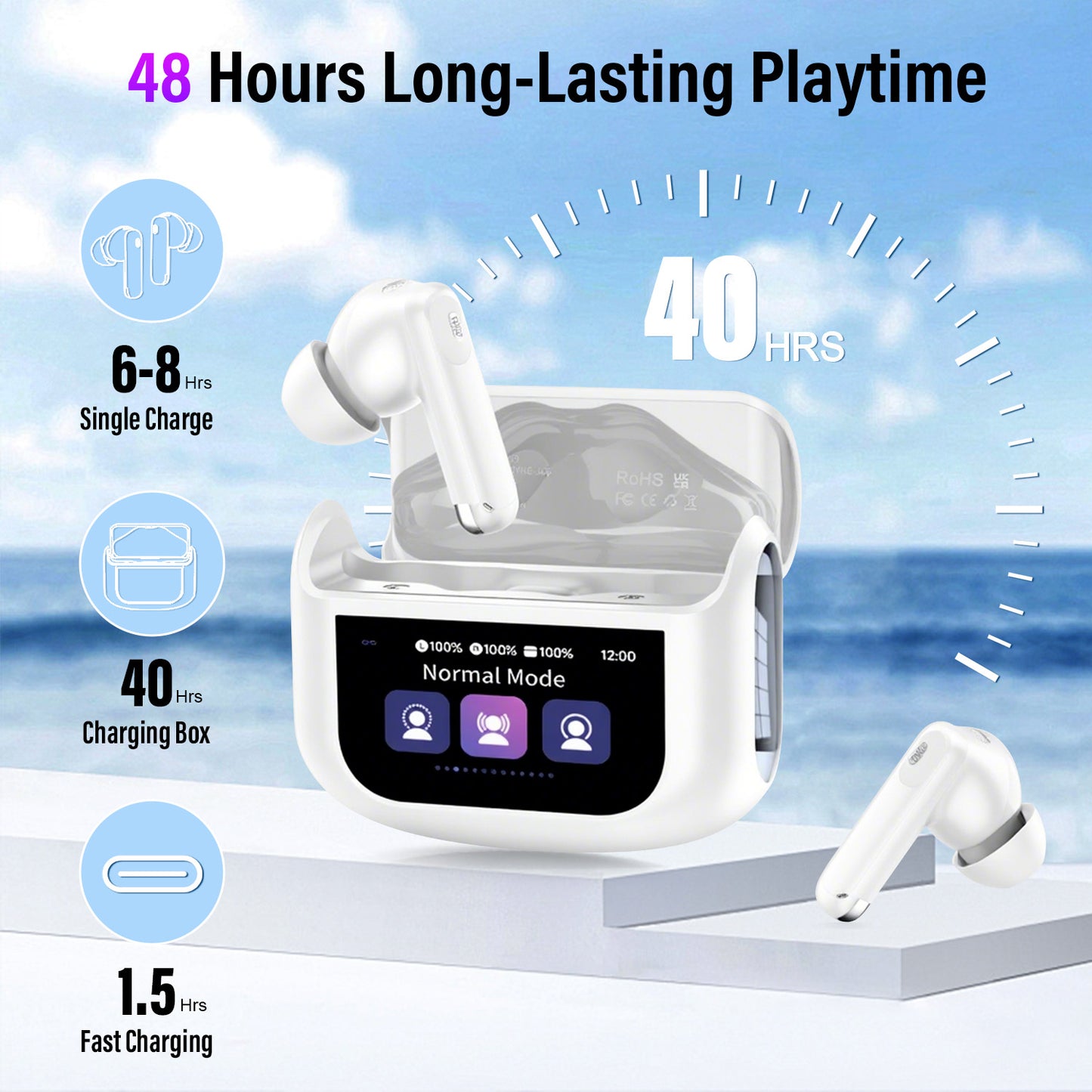 Aptkdoe Touch Screen Wireless Earbuds, Bluetooth 5.4 Ear Buds with Multifunctional with ENC Noise Cancelling MicClear Calls Earphones, 48H Bass Stereo Headphones, IP7 Waterproof Headphones for Workout