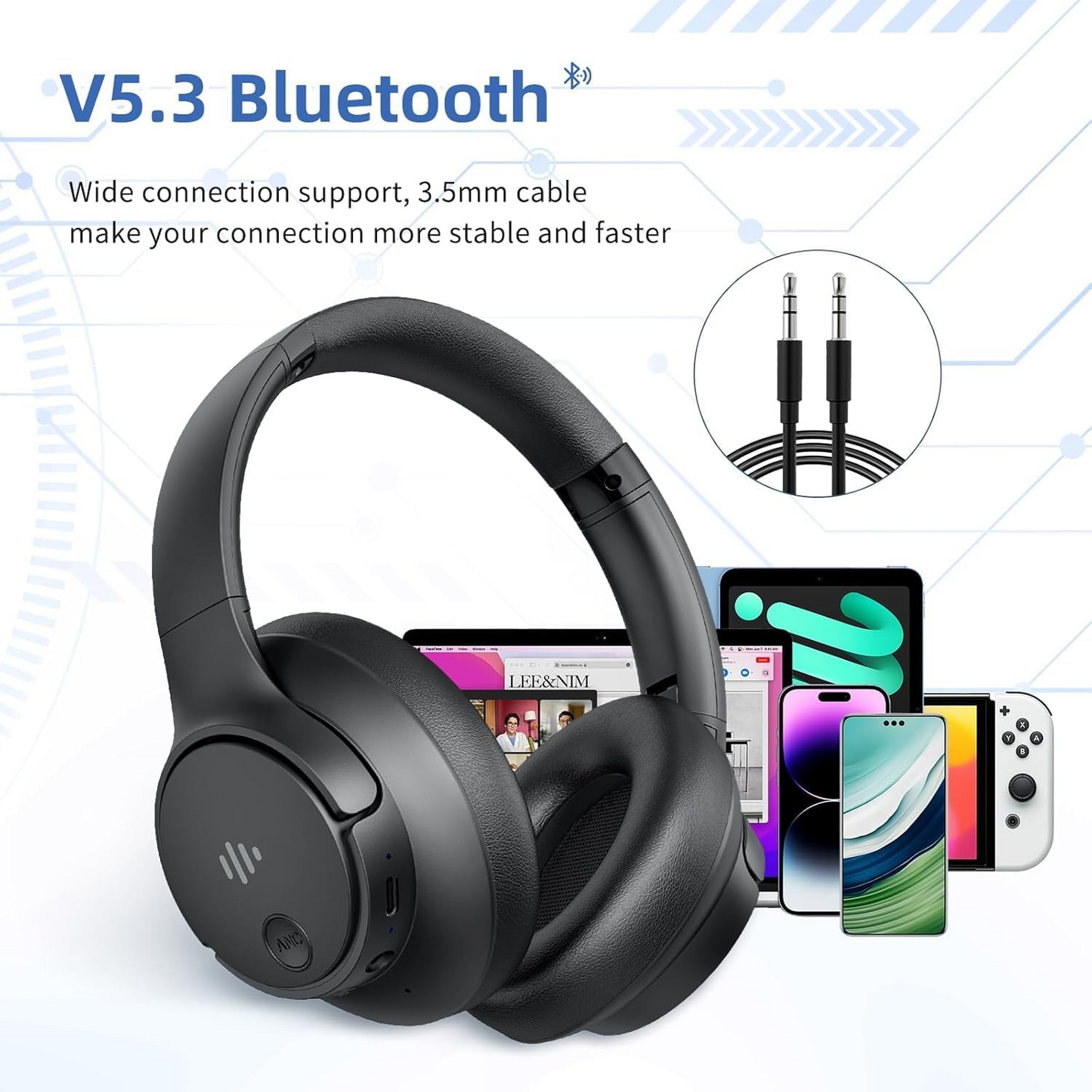 Niderson Wireless Over Ear Bluetooth Headphones with Microphone, Hi-Res Audio, Deep Bass, Bluetooth 5.3, Lightweight Design,Black