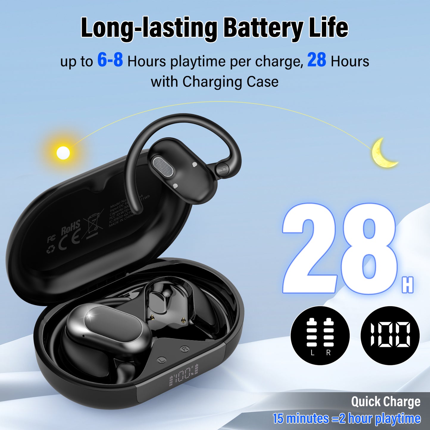 Aptkdoe Open Ear Earbuds, Bluetooth 5.4 Wireless Earbuds with Ear Hooks,70H HiFi Stereo Open Ear Headphones with Clear Calls, IPX7 Lightweight Air Conduction Headphones for Workouts and Running