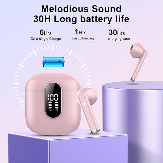 Wireless Headphones, Bluetooth 5.3 Wireless Earbuds with Dual LED Display Touch Control, HD Mic HiFi Stereo Sound Mini Ear Buds with 30H Playtime, IPX7 Waterproof Bluetooth Earphones for IOS/Android