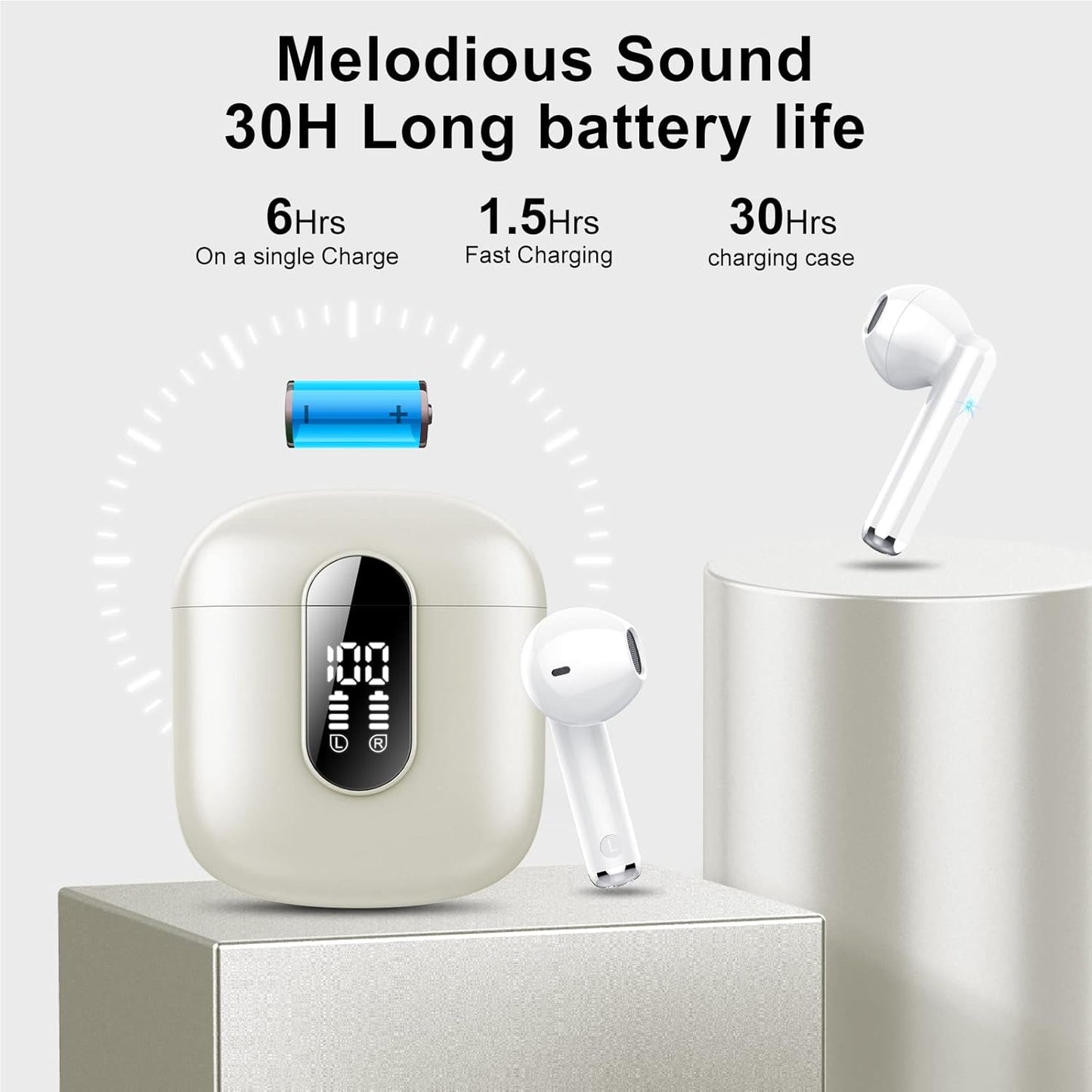 Wireless Headphones, Bluetooth 5.3 Wireless Earbuds with Dual LED Display Touch Control, HD Mic HiFi Stereo Sound Mini Ear Buds with 30H Playtime, IPX7 Waterproof Bluetooth Earphones for IOS/Android