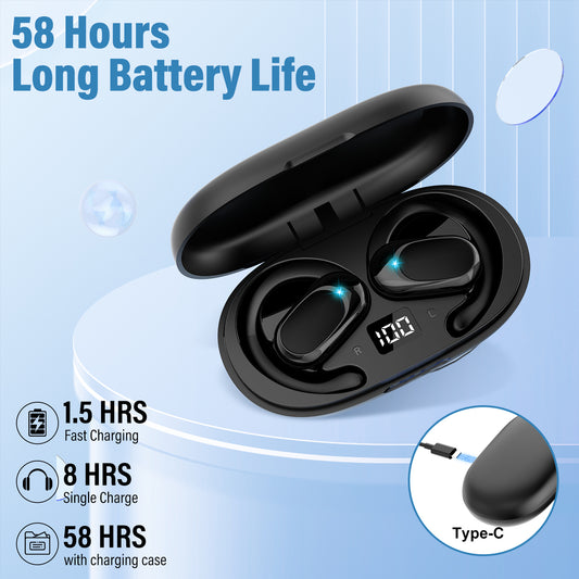 Aptkdoe Open Ear Earbuds, Bluetooth 5.4 Wireless Earbuds, HD Stereo Bass Over Ear Earphones with Earhooks, 58Hrs Playtime & LED Digital Display, IP7 Waterproof for Fitness, Cycling, Running