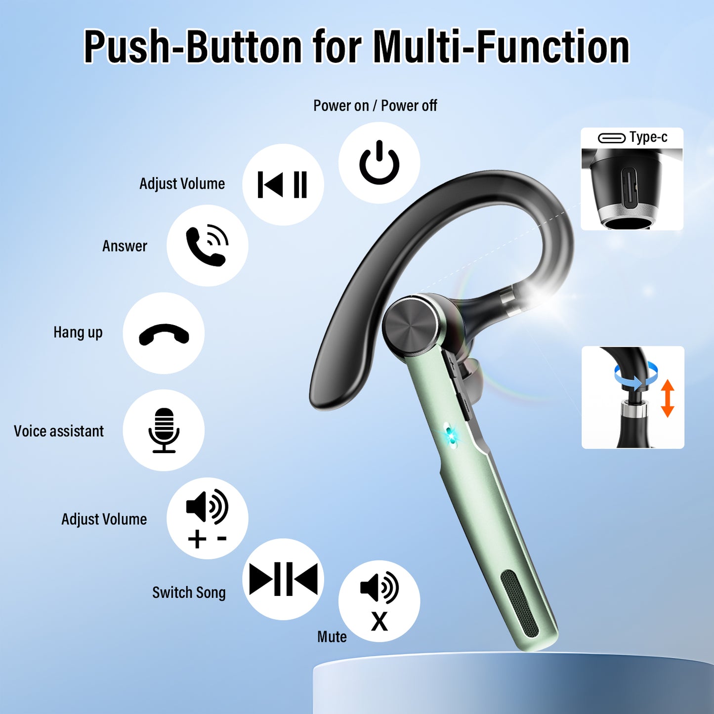 Aptkdoe Bluetooth Headset, Single-Ear Bluetooth Earpiece with ENC Mic with HiFi Stereo Sound, 72 Hours Talking Time Wireless Headset V5.3 with 400mAh Charging Case for iOS Android Cell Phones, Green