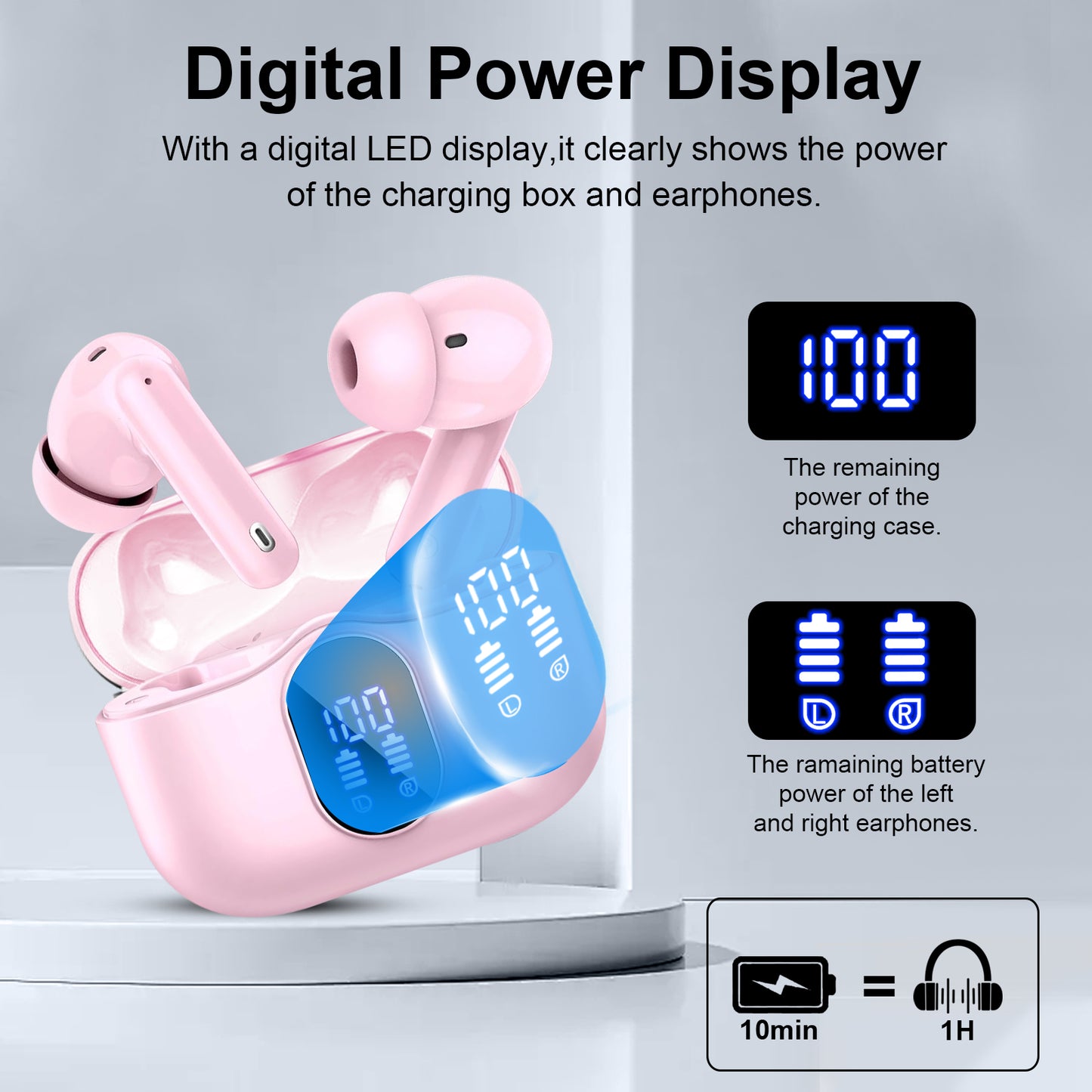 Aptkdoe Wireless Earbuds, Bluetooth 5.4 Headphones Bass Stereo, Ear Buds with Noise Cancelling Mic LED Display, 36H Playtime in Ear Earphones, IP7 Waterproof Sport Headset for Android iOS