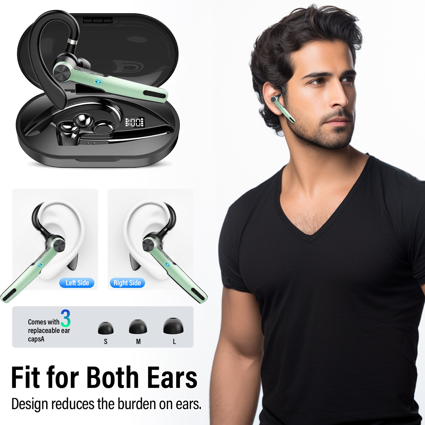 Aptkdoe Bluetooth Headset, Single-Ear Bluetooth Earpiece with ENC Mic with HiFi Stereo Sound, 72 Hours Talking Time Wireless Headset V5.3 with 400mAh Charging Case for iOS Android Cell Phones, Green
