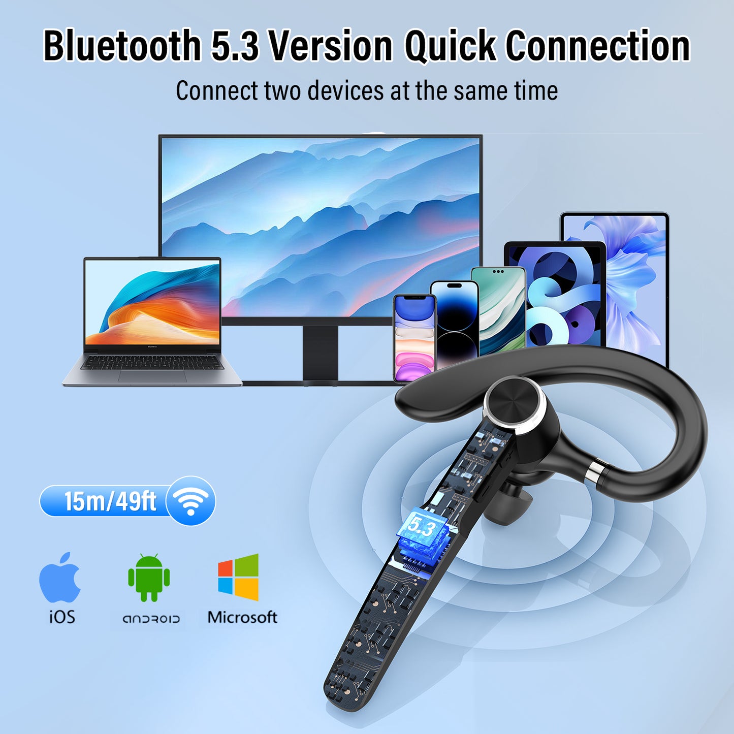 Aptkdoe Bluetooth Headset, Single-Ear Bluetooth Earpiece with ENC Mic with HiFi Stereo Sound, 72 Hours Talking Time Wireless Headset V5.3 with 400mAh Charging Case for iOS Android Cell Phones, White