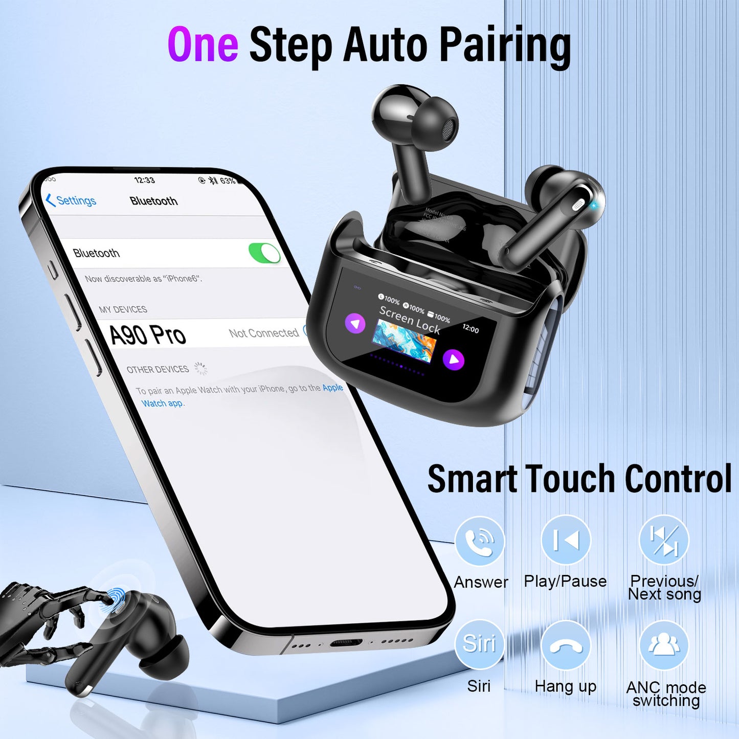 Aptkdoe Touch Screen Wireless Earbuds, Bluetooth 5.4 Ear Buds with Multifunctional with ENC Noise Cancelling MicClear Calls Earphones, 48H Bass Stereo Headphones, IP7 Waterproof Headphones for Workout