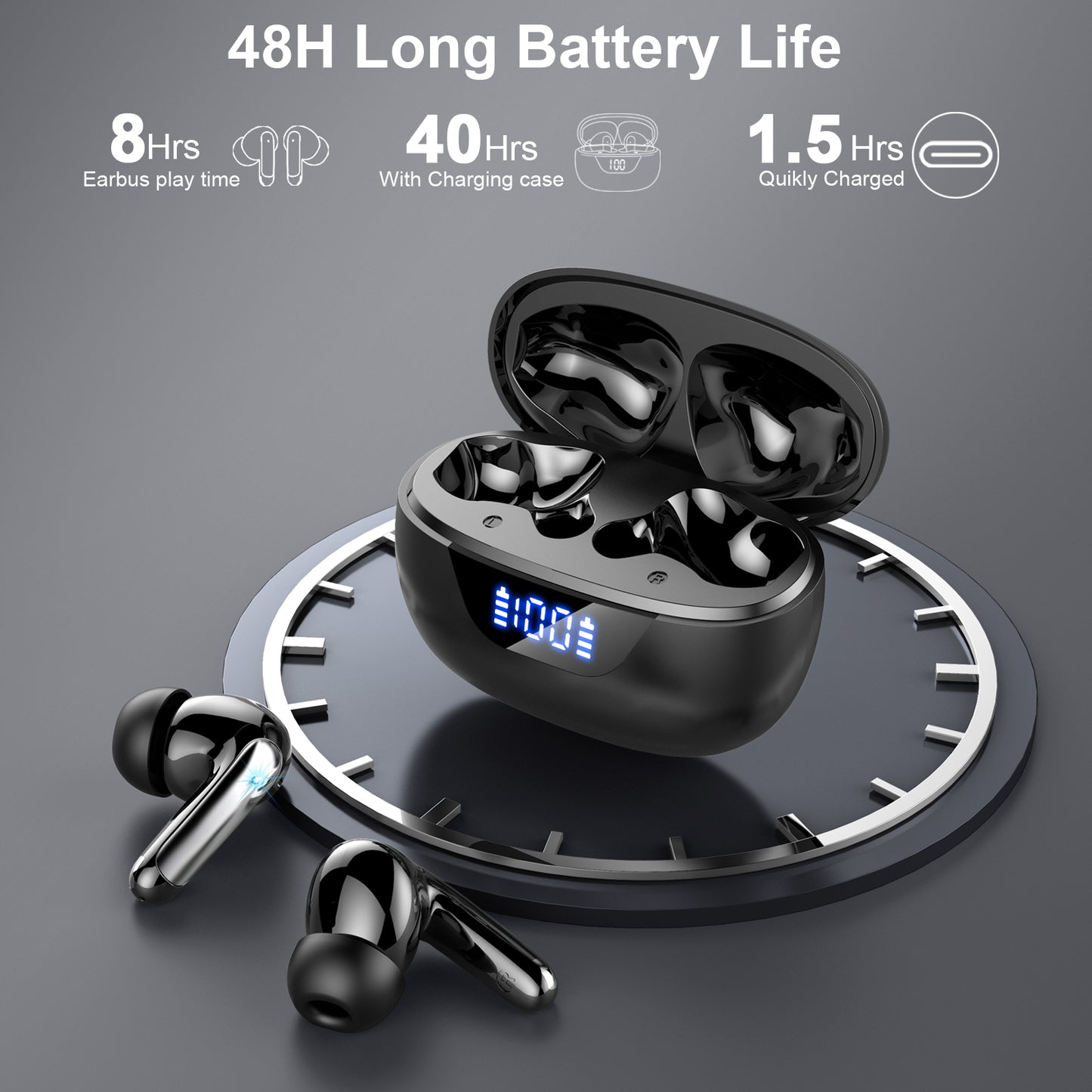 Aptkdoe Wireless Earbuds, Bluetooth 5.4 Headphones, ENC Noise Cancelling Mic Ear buds with Stereo Bass, 48H Playtime Earphones , LED Display, IP7 Waterproof In Ear EarBuds for Phone Android iOS Sports, Black