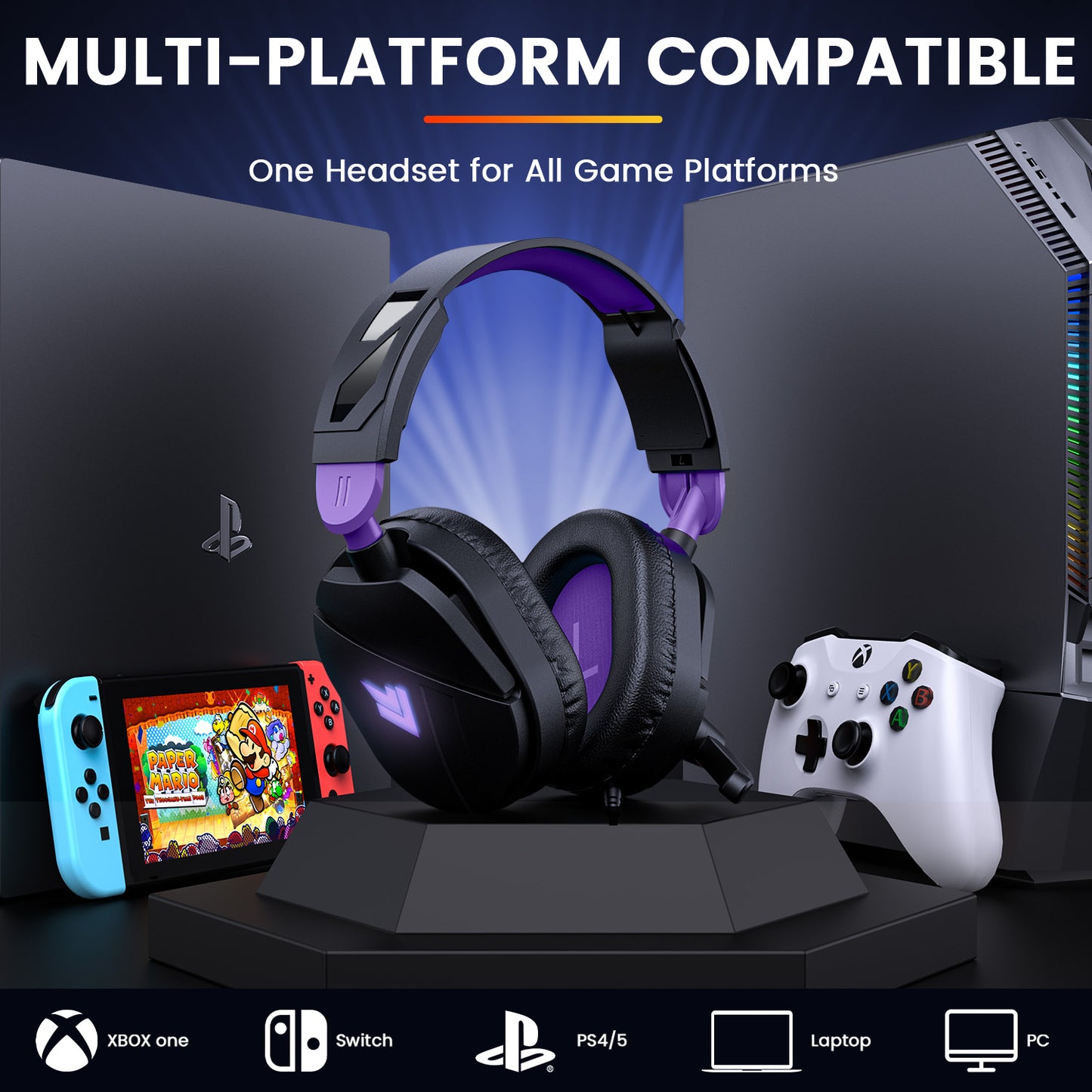 Aptkdoe Gaming Headsets for PC, Stereo Headphones with Noise Cancelling Mic, LED Light, Stereo Sound, 2m Wired Over Ear Headphones, Headset with Soft Memory Earmuffs for Xbox One, Mac, Laptop, PS5