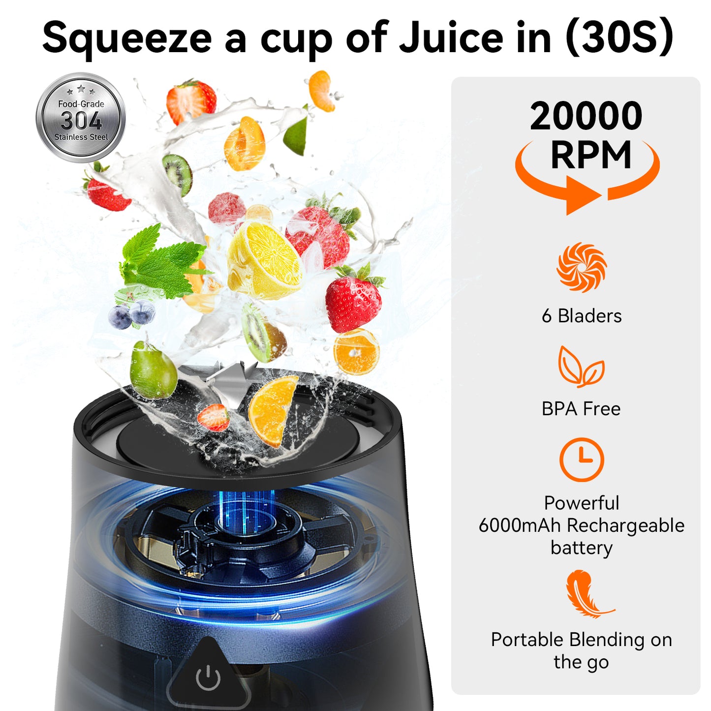 Btootos Portable Blender, 6000mAh Personal Blender with USB Rechargeable for Shakes and Smoothies, BPA Free 24 Oz Juicer Cup with 6 Blades and Lid, 360W Self Cleaning Portable Juicer for Home/Office/Travel