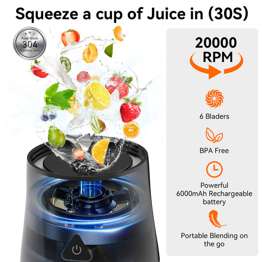 Btootos Portable Blender, 6000mAh Personal Blender with USB Rechargeable for Shakes and Smoothies, BPA Free 24 Oz Juicer Cup with 6 Blades and Lid, 360W Self Cleaning Portable Juicer for Home/Office/Travel