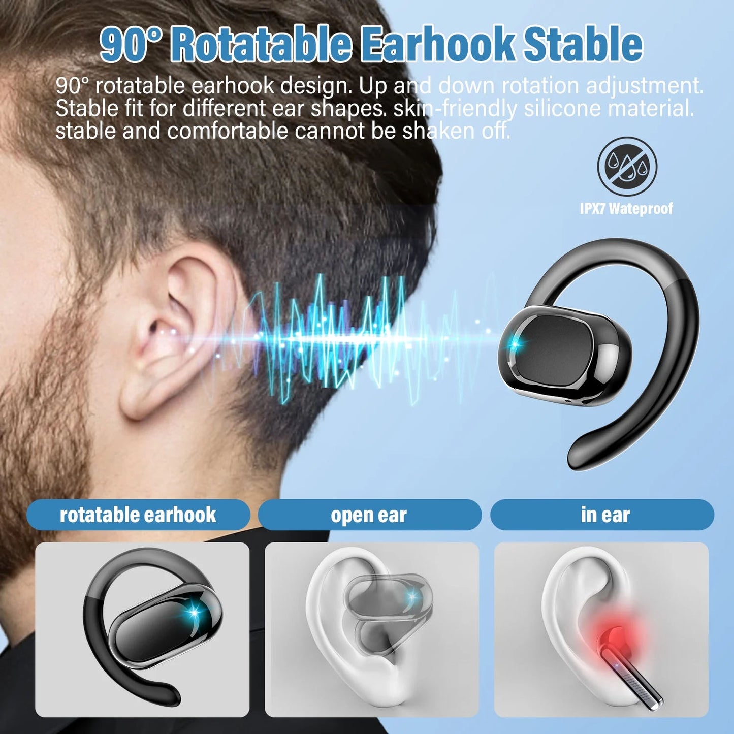 Aptkdoe Open Ear Earbuds, Bluetooth 5.4 Wireless Earbuds, HD Stereo Bass Over Ear Earphones with Earhooks, 58Hrs Playtime & LED Digital Display, IP7 Waterproof for Fitness, Cycling, Running