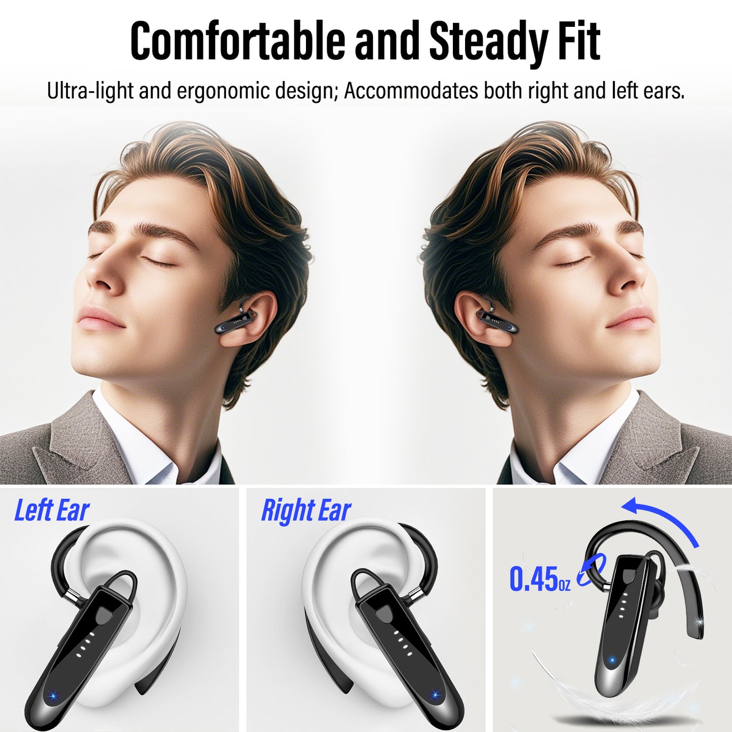 Aptkdoe Bluetooth Headset V5.4, Single-Ear Wireless Earpiece with ENC Noise Canceling Mic, 20Hrs Call Time Handsfree Earpiece, 180 Hrs Standby Time Headphones for iOS Android /Office/Drivin