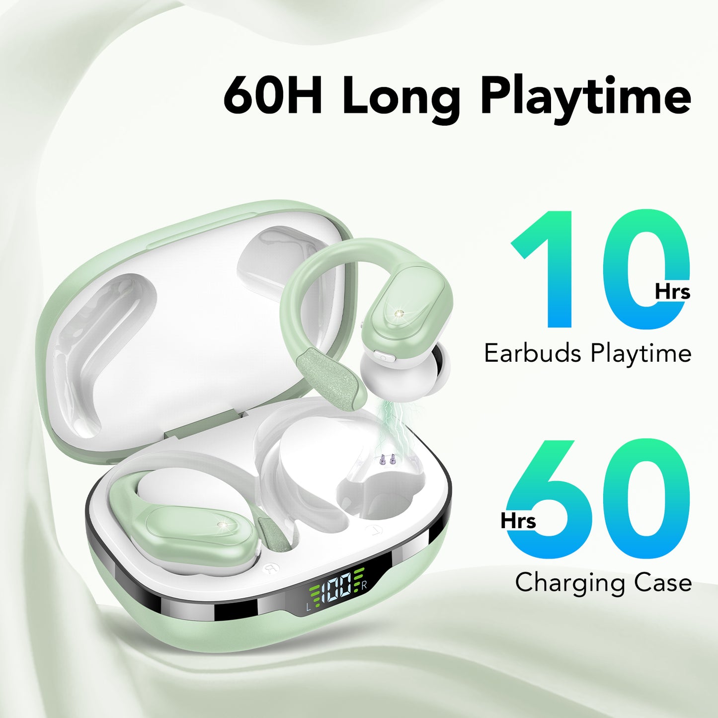 Vrtjon Wireless Earbuds Bluetooth 5.3 Headphones 60hrs Playtime with Digital Display Sports Wireless Headphones with Earhook Deep Bass IPX7 Waterproof Over-Ear Earbuds for Android iOS Workout
