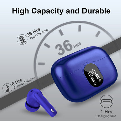 Aptkdoe Wireless Earbuds, Bluetooth 5.4 Headphones Bass Stereo, Ear Buds with Noise Cancelling Mic LED Display, 36H Playtime in Ear Earphones, IP7 Waterproof Sport Headset for Android iOS