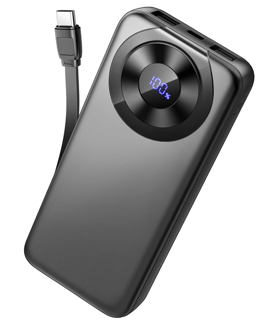 MUGO Power Bank 10000mAh, Portable Charger with Built in Cable 5V/3A High-Speed Charging, 4 Output 2 Input LED Display Slim Powerbank for iPhone 16/15/14/13, Galaxy S23/22, Tablet and etc