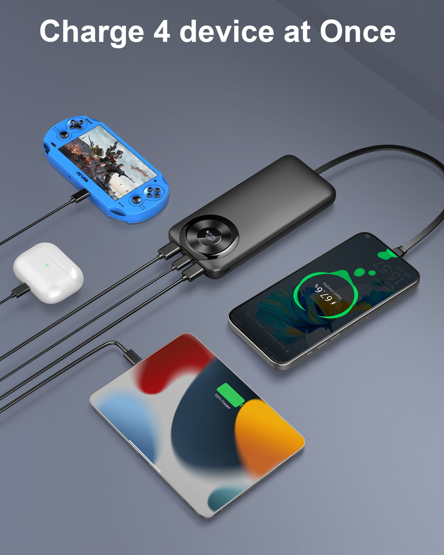 MUGO Power Bank 10000mAh, Portable Charger with Built in Cable 5V/3A High-Speed Charging, 4 Output 2 Input LED Display Slim Powerbank for iPhone 16/15/14/13, Galaxy S23/22, Tablet and etc