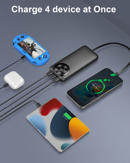 MUGO Power Bank 10000mAh, Portable Charger with Built in Cable 5V/3A High-Speed Charging, 4 Output 2 Input LED Display Slim Powerbank for iPhone 16/15/14/13, Galaxy S23/22, Tablet and etc