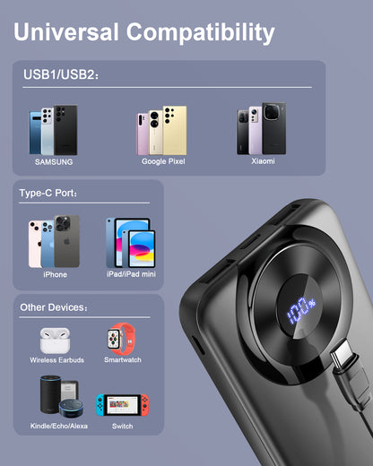 MUGO Power Bank 10000mAh, Portable Charger with Built in Cable 5V/3A High-Speed Charging, 4 Output 2 Input LED Display Slim Powerbank for iPhone 16/15/14/13, Galaxy S23/22, Tablet and etc