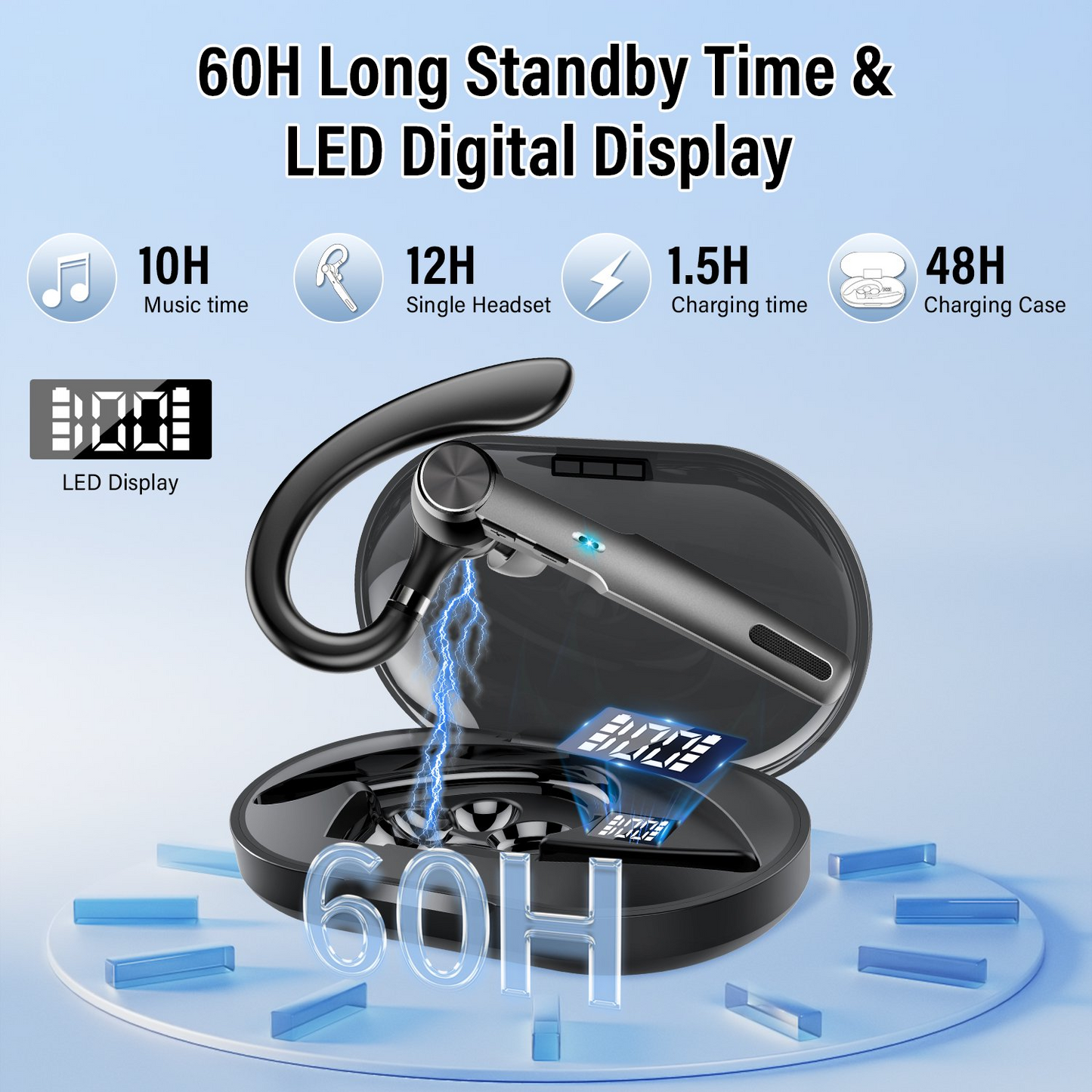 Aptkdoe Bluetooth Headset, Single-Ear Bluetooth Earpiece with ENC Mic with HiFi Stereo Sound, 72 Hours Talking Time Wireless Headset V5.3 with 400mAh Charging Case for iOS Android Cell Phones, Black