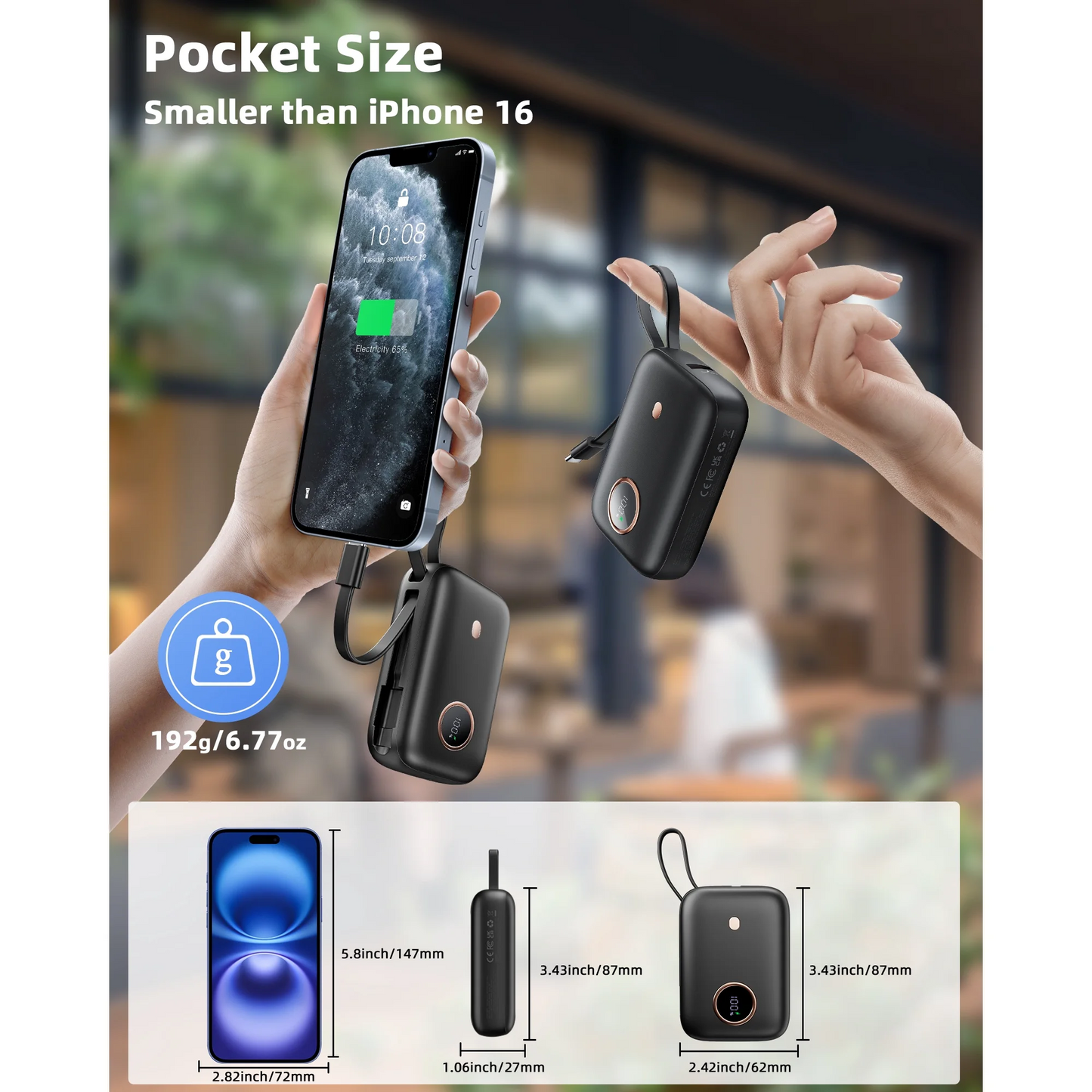 MUGO Portable Charger, 22.5W 10000mAh Small Power Bank with Built-in USB-C Cable, Fast Charging Mini Battery Pack Travel Essentials, for iPhone 16 15 14 13 12 11 Samsung Android etc