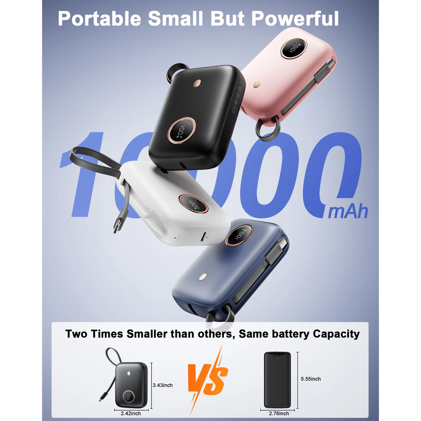 MUGO Portable Charger, 22.5W 10000mAh Small Power Bank with Built-in USB-C Cable, Fast Charging Mini Battery Pack Travel Essentials, for iPhone 16 15 14 13 12 11 Samsung Android etc