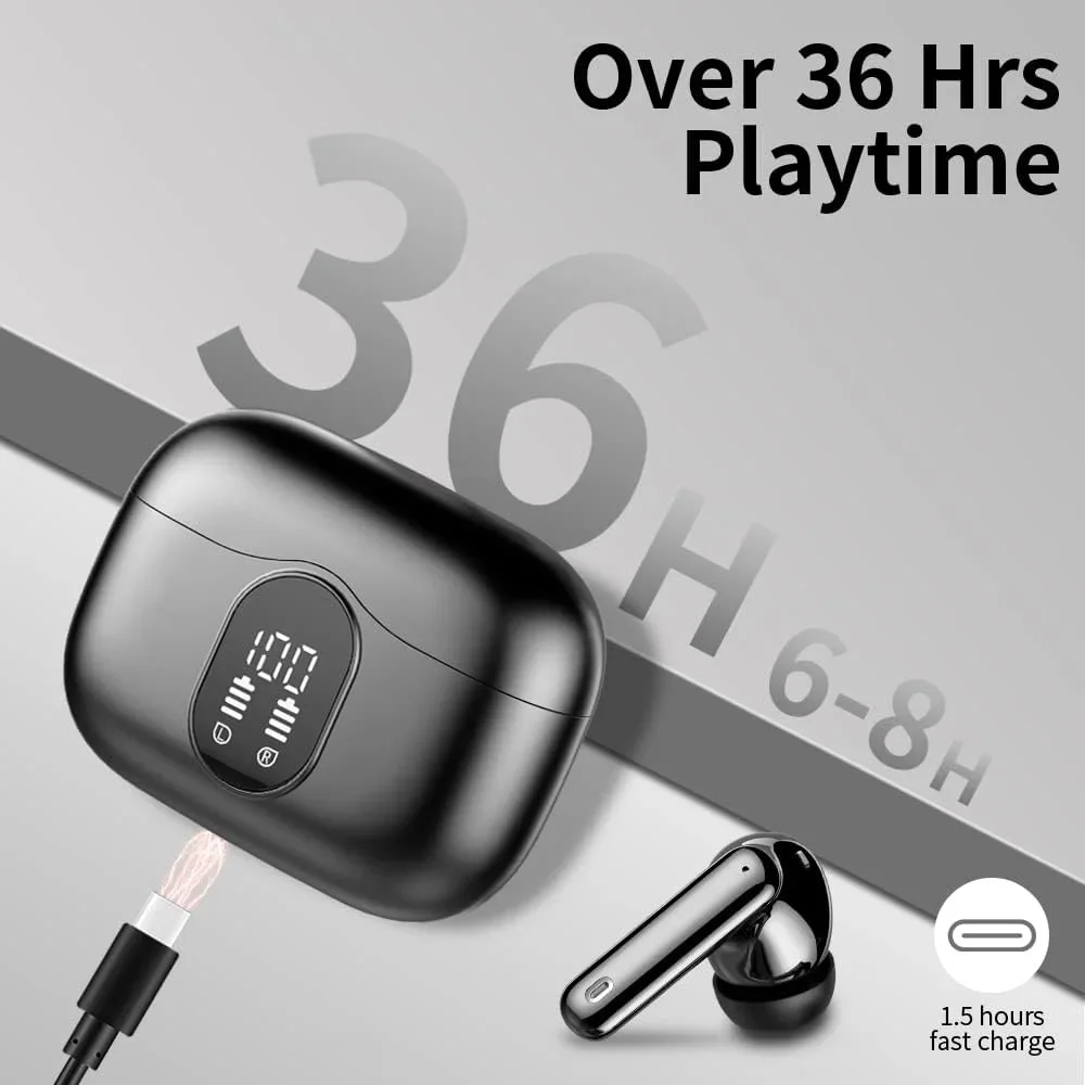 Aptkdoe Wireless Earbuds, Bluetooth 5.4 Headphones Bass Stereo, Ear Buds with Noise Cancelling Mic LED Display, 36H Playtime in Ear Earphones, IP7 Waterproof Sport Headset for Android iOS