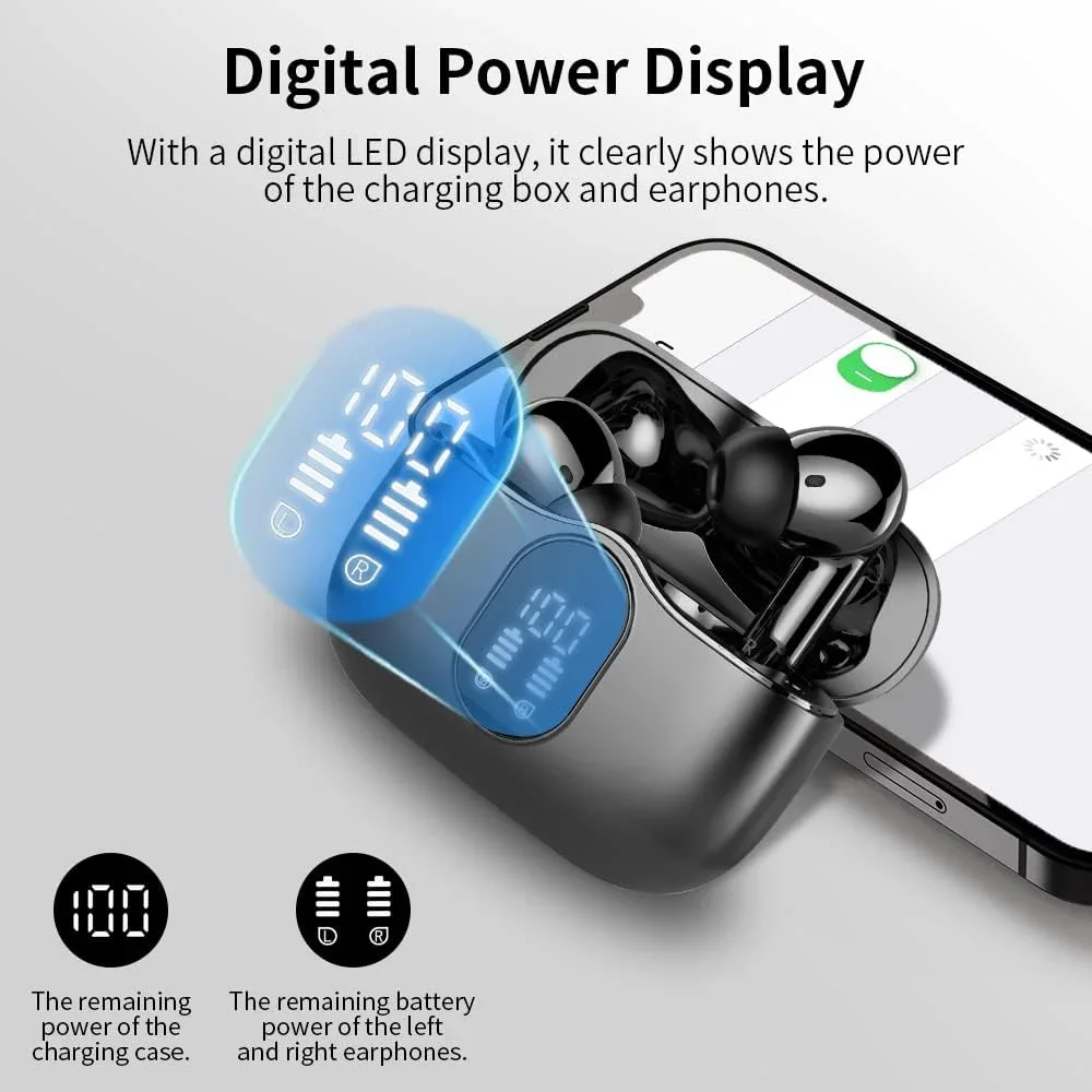 Aptkdoe Wireless Earbuds, Bluetooth 5.4 Headphones Bass Stereo, Ear Buds with Noise Cancelling Mic LED Display, 36H Playtime in Ear Earphones, IP7 Waterproof Sport Headset for Android iOS