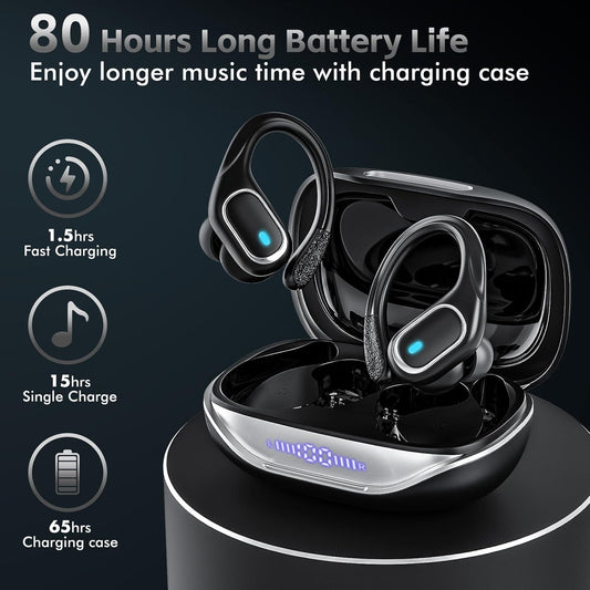 KBHVEX Wireless Earbuds Bluetooth 5.3 Headphones with 80H Playback, IPX7 Waterproof Over Ear Buds with LED Power Display for Sports Running Workouts