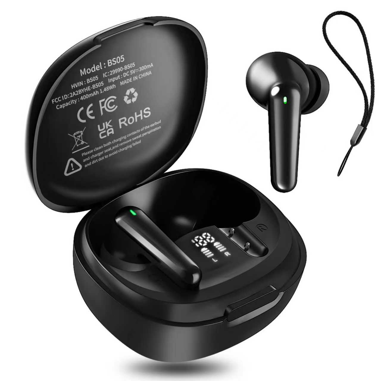 RSPK Wireless Earbuds, Bluetooth 5.4 Headphones HiFi Stereo, Bluetooth Earbuds with ENC Noise Cancelling Mic,48H, IP7 Waterproof Wireless headsets for smartphones, LED Display Ear buds for Workout Sport, Black