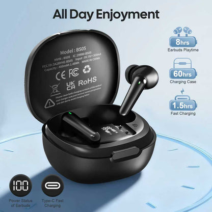 RSPK Wireless Earbuds, Bluetooth 5.4 Headphones HiFi Stereo, Bluetooth Earbuds with ENC Noise Cancelling Mic,48H, IP7 Waterproof Wireless headsets for smartphones, LED Display Ear buds for Workout Sport, Black