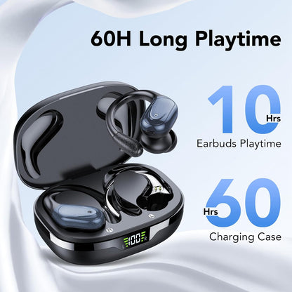 VPRYN Wireless Earbuds Bluetooth 5.3 Headphones 60hrs Playtime with Digital Display Sports Wireless Headphones with Earhook Deep Bass IPX7 Waterproof Over-Ear Earbuds for Android iOS Workout