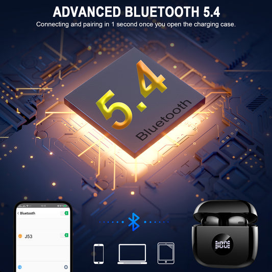 Jxrev Wireless Earbuds, Bluetooth 5.4 Headphones HiFi Stereo, 2025 Wireless Earphones with 4 ENC Noise Cancelling Mics, 40H Playtime Ear Buds with LED Display, IP7 Waterproof Bluetooth Earbuds USB-C Charge