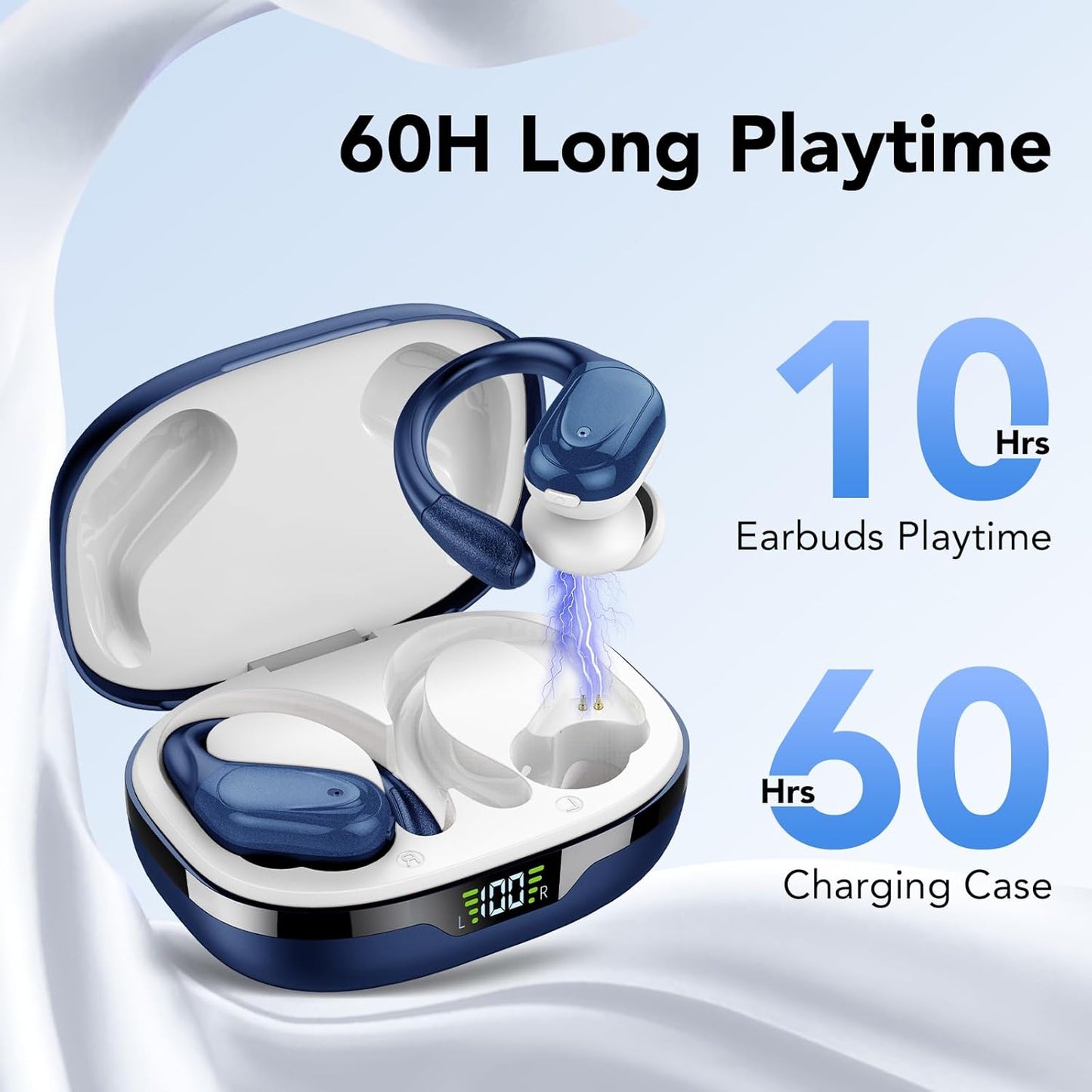 NYROVA Wireless Earbuds Bluetooth 5.3 Headphones 60hrs Playtime with Digital Display Sports Wireless Headphones with Earhook Deep Bass IPX7 Waterproof Over-Ear Earbuds for Android iOS Workout